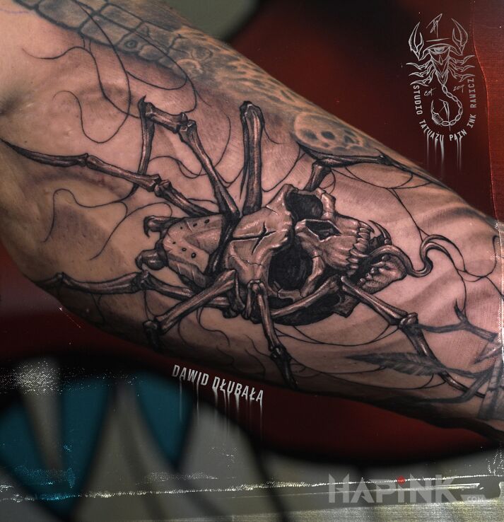 Tattoo Pająk z czachą in black and gray motif and realistic style On the arm