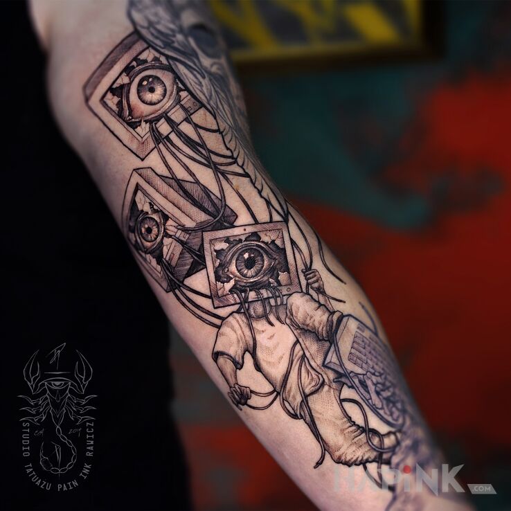 Tattoo Cyber horror in black and gray motif and surrealistic style On the arm