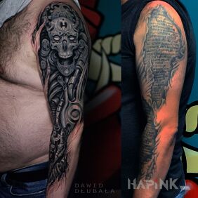 Tattoo Biomechanical cover on the forearm motif: dark style: biomechanics