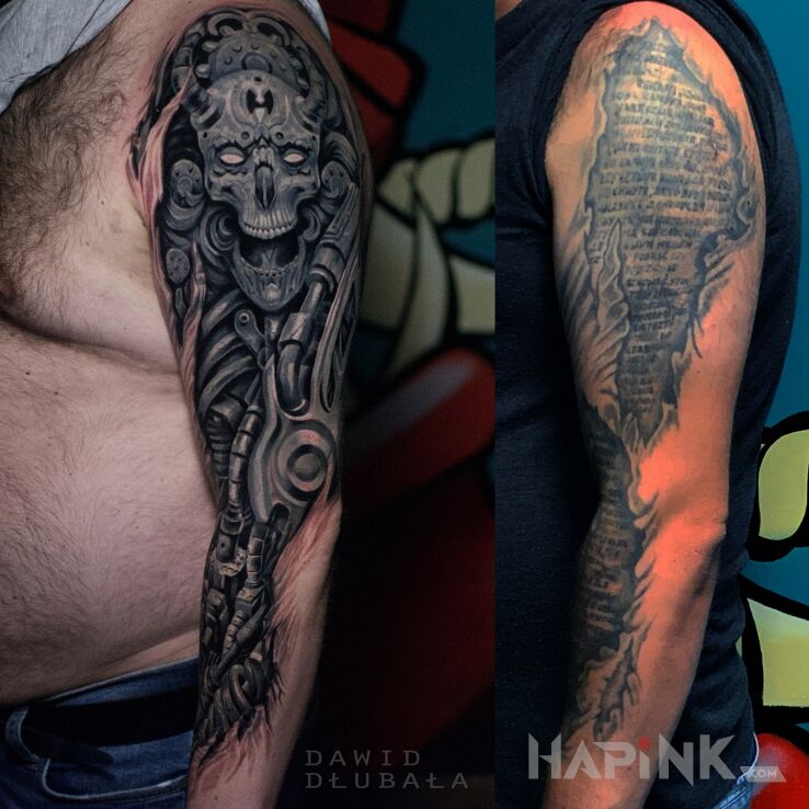 Tattoo Biomechaniczny cover in skulls motif and biomechanics style On the arm