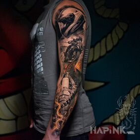 Tattoo Motorcycle enthusiast design On the arm motif: objects style: realistic