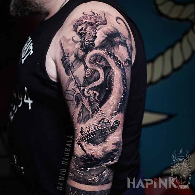 Tattoo Posejdon in black and gray motif and realistic style On the arm