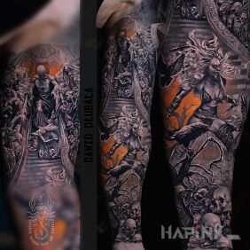 Tattoo Dark surrealistic sleeve On the arm motif: black and gray style: realistic