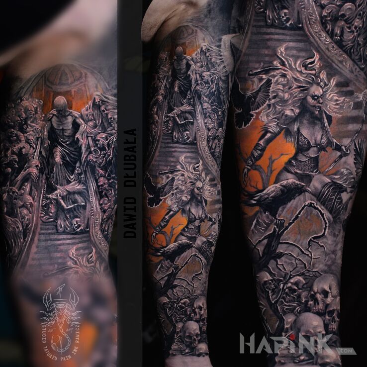 Tattoo Mroczny surrealistyczny rękaw in black and gray motif and surrealistic style On the arm