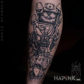 Tattoo Cyberpsychosis on the calf motif: dark style: graphic / illustrative