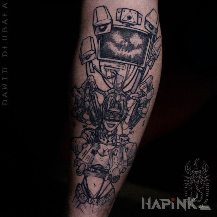 Tattoo Cyberpsychoza in science fiction motif and surrealistic style on the leg