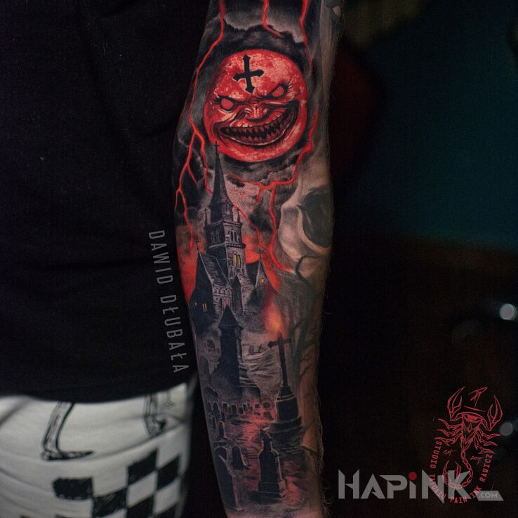 Tattoo Mroczny Kościół in faces motif and realistic style on the forearm