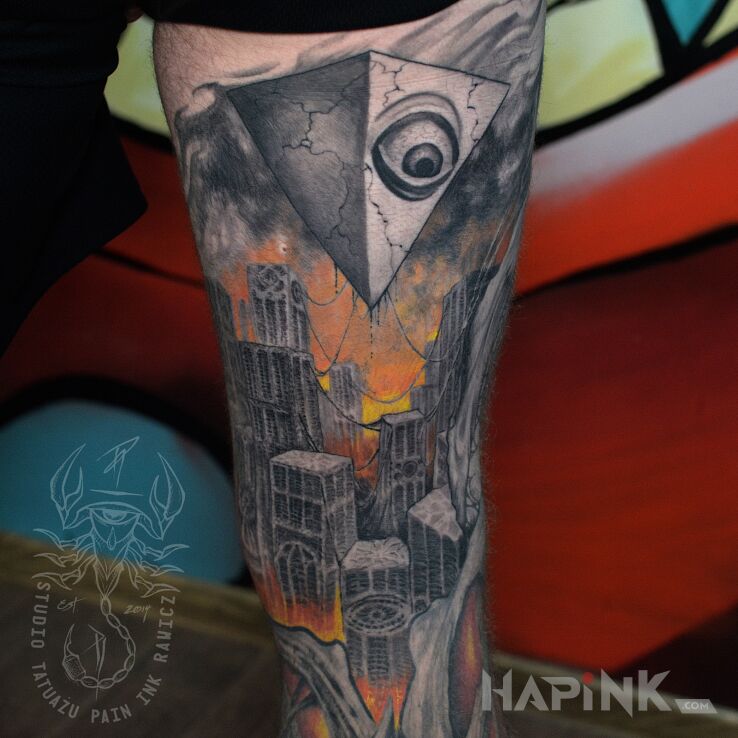 Tattoo Miasto rozpaczy in science fiction motif and surrealistic style on the thigh