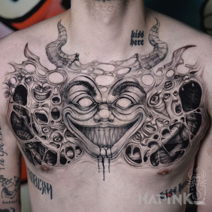 Tattoo Demoniczna Klata in demons motif and organic style on the chest
