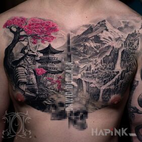 Tattoo Landscape of ancient Japan on the chest motif: 3D style: realistic