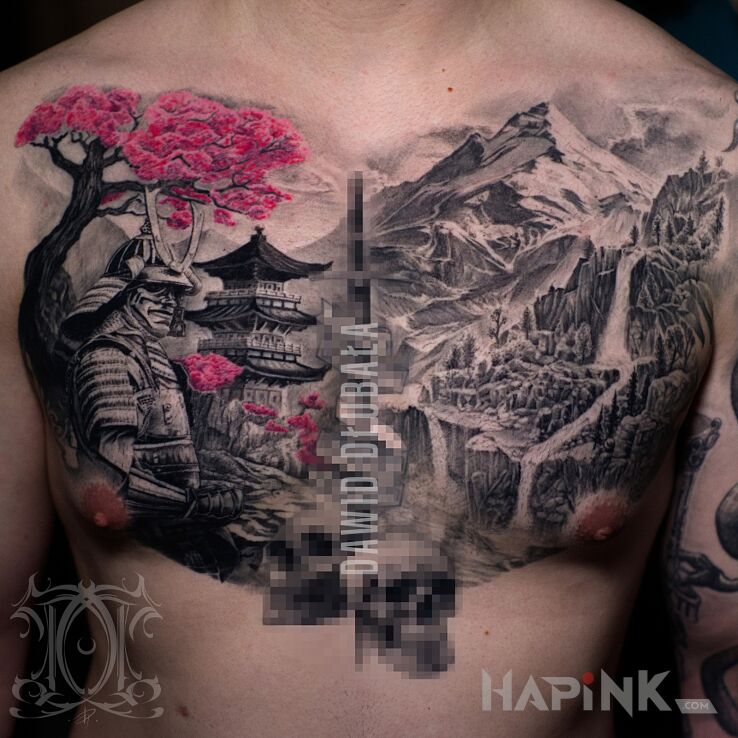 Tattoo Krajobraz dawnej Japonii in 3D motif and japanese / irezumi style on the chest