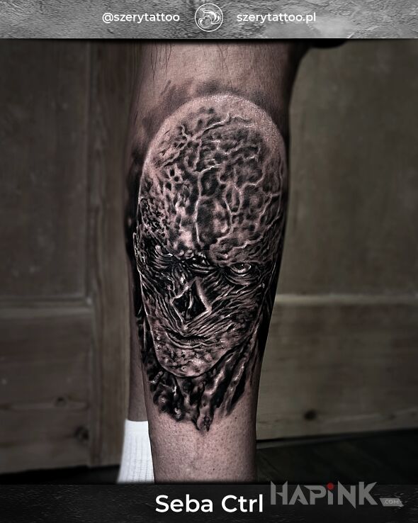Tattoo Vecny - Stranger Things in characters motif and realistic style on the calf
