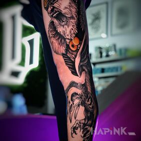 Tattoo Nordic leg sleeve by an apprentice on the calf motif: skulls style: graphic / illustrative