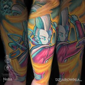 Tatuaż Whis Dragon Ball na przedramieniu motyw: twarze styl: graficzne / ilustracyjne