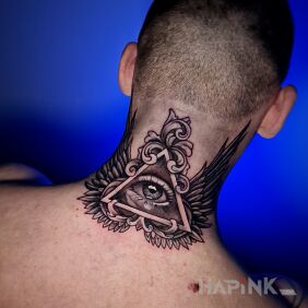 Tattoo Winged Illuminati eye on the nape motif: religious style: graphic / illustrative