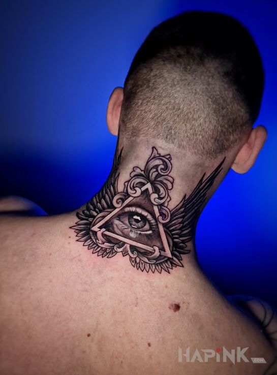 Tattoo Skrzydlate oko iluminati in religious motif and graphic / illustrative style on the nape