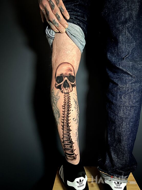 Tattoo Czaszka z kręgosłupem in black and gray motif and realistic style on the leg