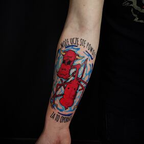 Tattoo Devil Domino from The Exorcist forearm on the forearm motif: colorful style: graphic / illustrative