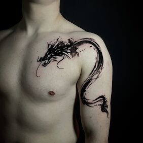 Tattoo Dragon chest shoulder on the upper arm motif: black and gray style: graphic / illustrative