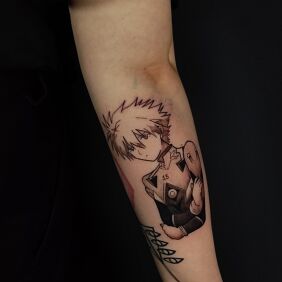 Tattoo Anime from Evangelion On the arm motif: black and gray style: graphic / illustrative