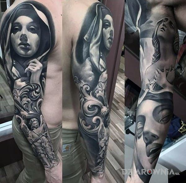 Tatuaż konkretna praca w motywie postacie na ramieniu