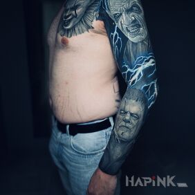 Tattoo Horror style cover up on the forearm motif: dark style: realistic