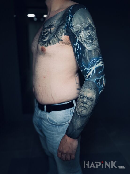 Tattoo Cover up w horrorowym stylu in characters motif and realistic style on the forearm