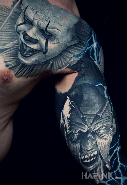 Tattoo Pennywise i Smakosz in faces motif and realistic style on the chest