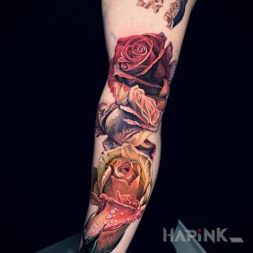 Tattoo Three roses on the forearm motif: floral style: realistic