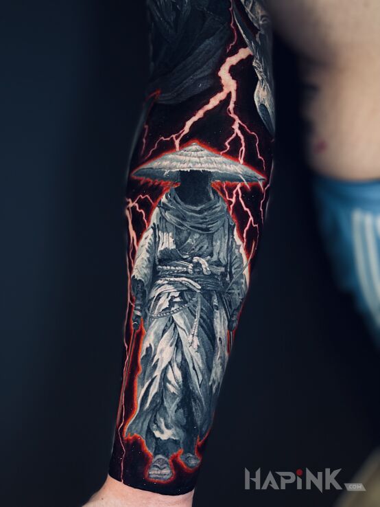 Tattoo Samuraj ,ronin in black and gray motif and realistic style on the forearm