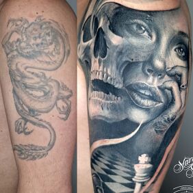Tattoo COVER UP WOMAN'S FACE / SKULL / CHESS On the arm motif: 3D style: realistic