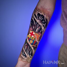 Tattoo Barcelona biomechanics on the forearm on the forearm motif: ripped skin style: realistic