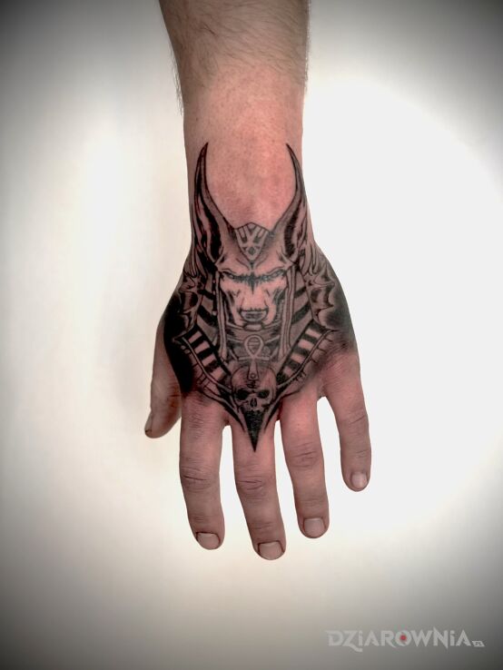 Tattoo Anubis in religious motif and graphic / illustrative style on the hand