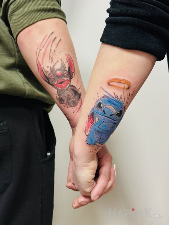 Tattoo Stitch for couples in colorful motif and graphic / illustrative style On the arm