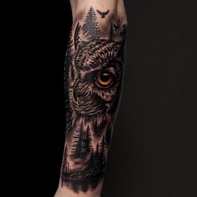 Tattoo Owl in the forest On the arm motif: black and gray style: realistic