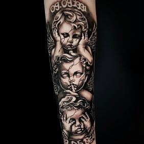 Tattoo See no evil hear no evil speak no evil forearm date On the arm motif: lettering style: graphic / illustrative