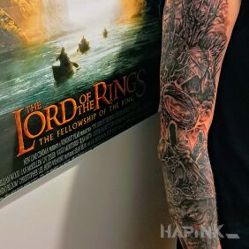 Tattoo Sleeve lord of the rings on the forearm motif: faces style: realistic
