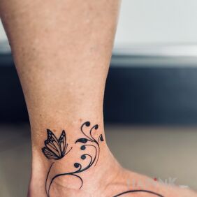 Tattoo Foot tattoo with a butterfly near the ankle motif: black and gray style: graphic / illustrative
