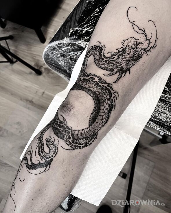 Tattoo Wąż oplatający kolano in black and gray motif and graphic / illustrative style on the leg