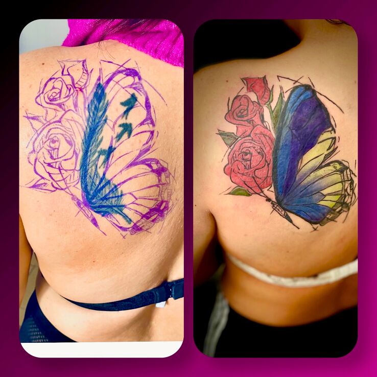 Tattoo Duży kolorowy motyl jako cover in butterflies motif and graphic / illustrative style on the back
