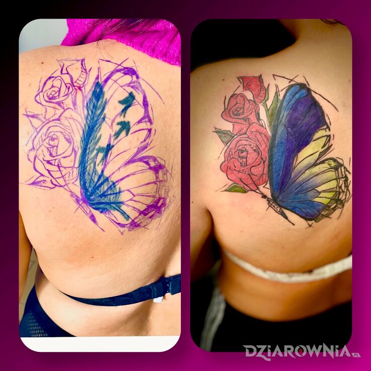 Tattoo Duży kolorowy motyl jako cover in colorful motif and graphic / illustrative style on the shoulder blades