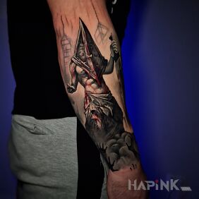 Tattoo Silent Hill Pyramid Head On the arm motif: dark style: realistic