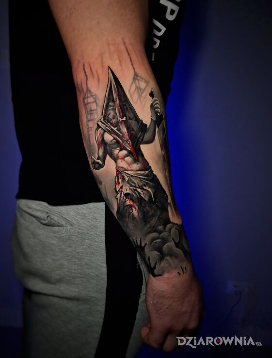 Tattoo Silent Hill Pyramid Head in demons motif and realistic style on the forearm