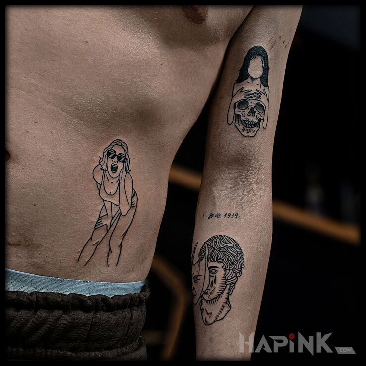 Tattoo 3 uploads in characters motif and graphic / illustrative style on the bicep