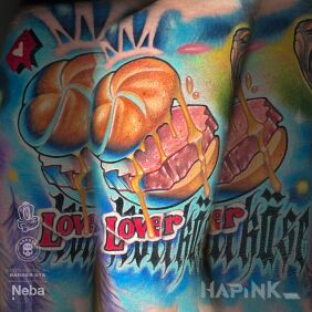 Tattoo Leberkäse Hamburger On the arm motif: funny style: graffiti