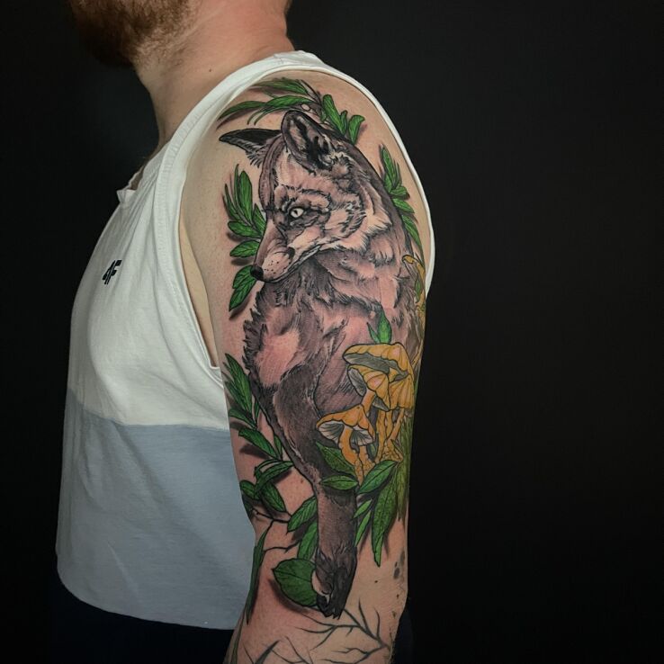Tattoo Fox mushroom leaves in animals motif and graphic / illustrative style On the arm