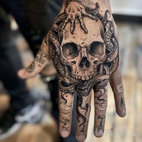 Tattoo Beautiful skull on the hand motif: skulls style: realistic