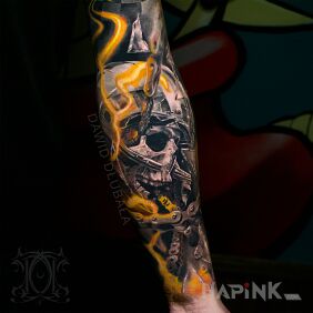 Tattoo Dead in the helmet On the arm motif: motorization style: realistic