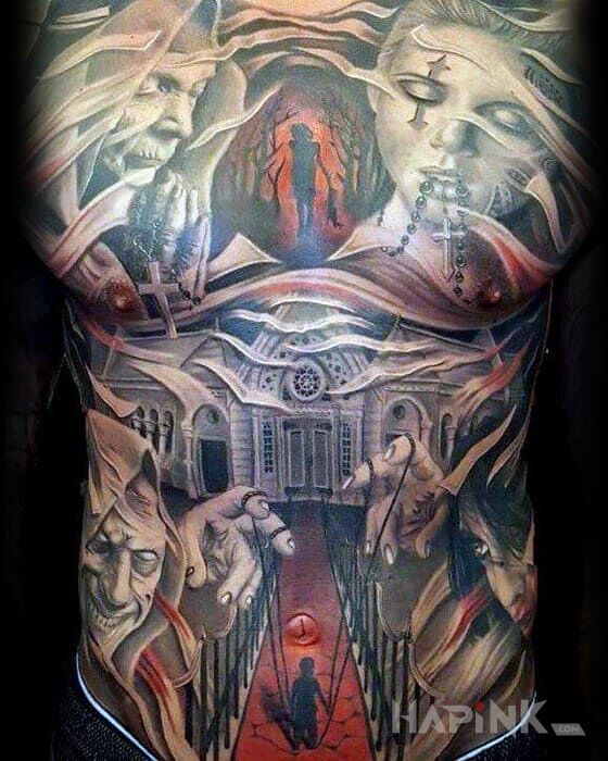 Tattoo Demony in demons motif and realistic style on the stomach