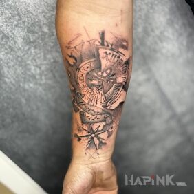 Tattoo Family motif with a clock On the arm motif: objects style: graphic / illustrative